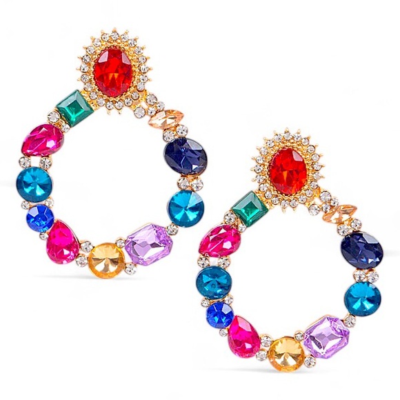 Colorful Rhinestone Gemstone Hoop Statement Earrings - Picture 1 of 3